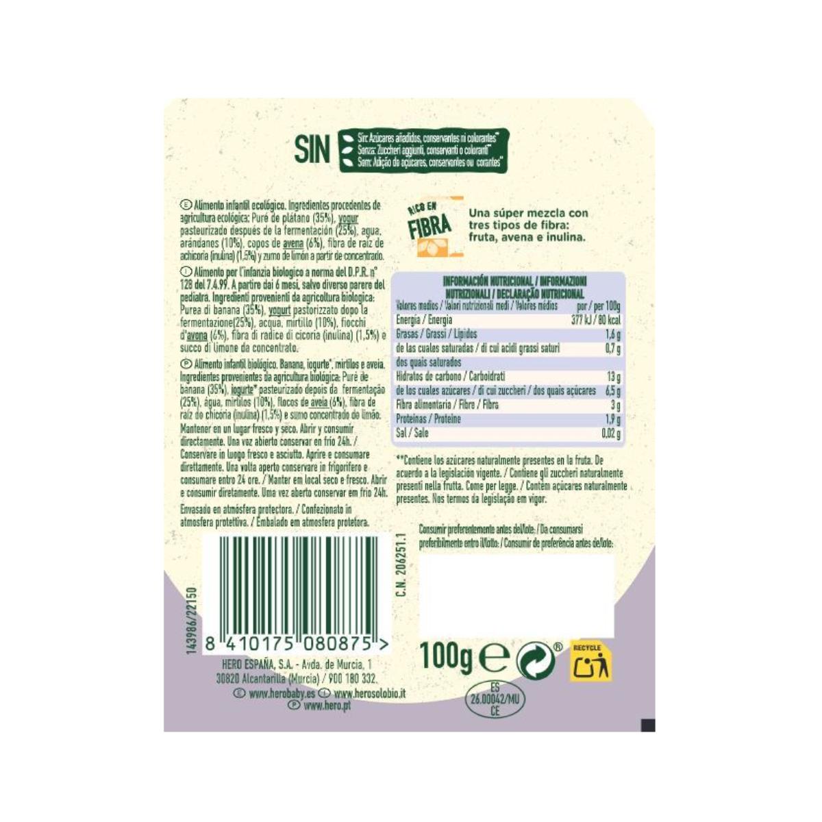 Bolsita Nutri Flora sabor Plátano, Arándanos, Yogur y Avena 100 g Hero Solo