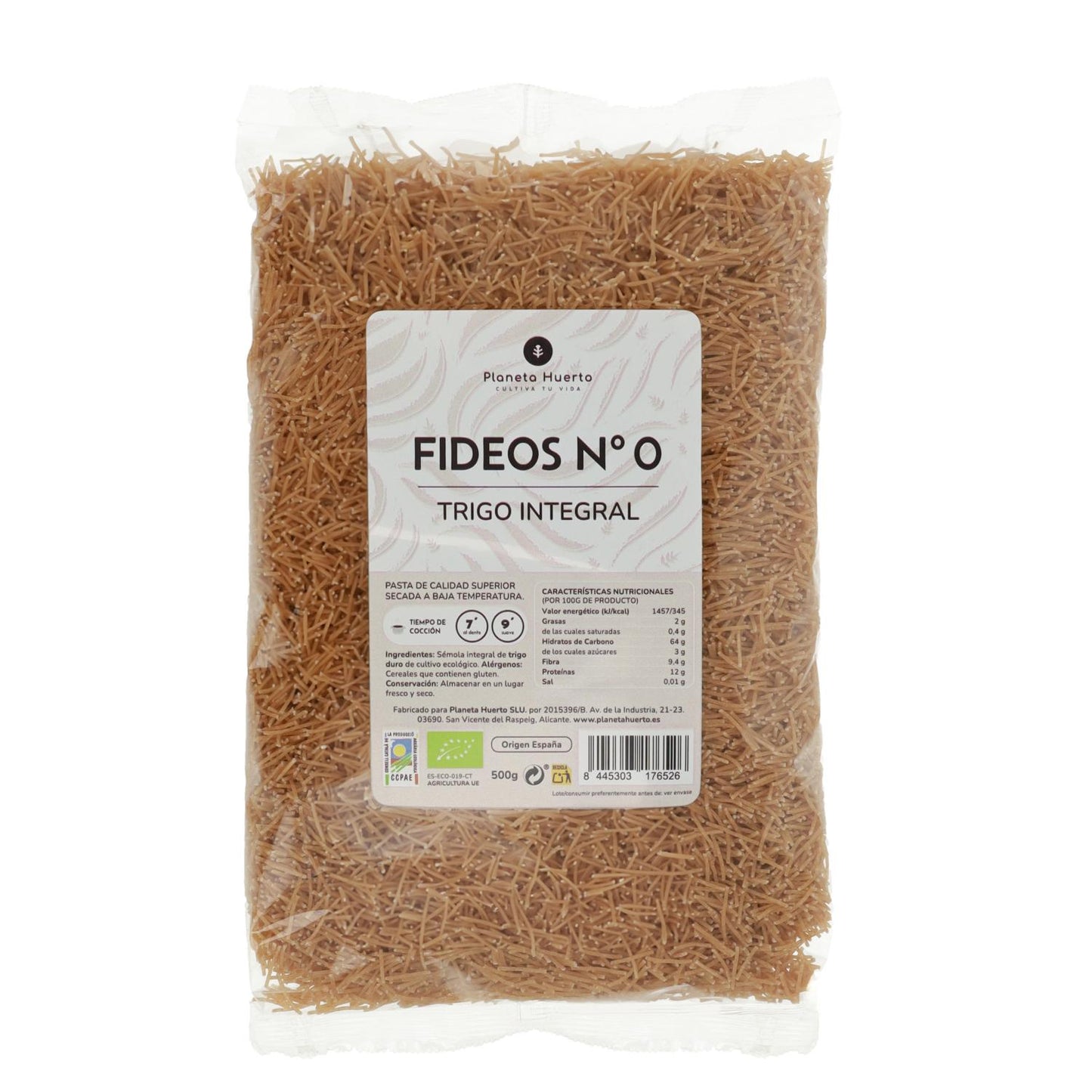 Fideos nº0 de trigo integral ECO Planeta Huerto 500gr