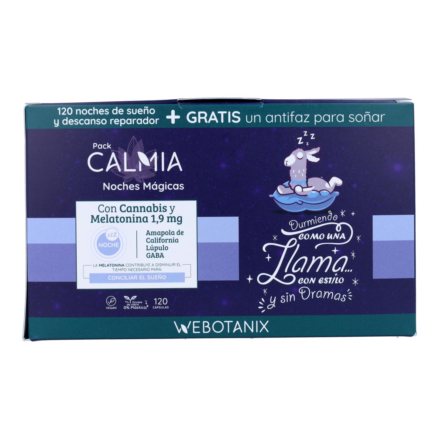 Pack 2 Calmia Noche Cannabis Melatonina 120 cápsulas + antifaz Webotanix