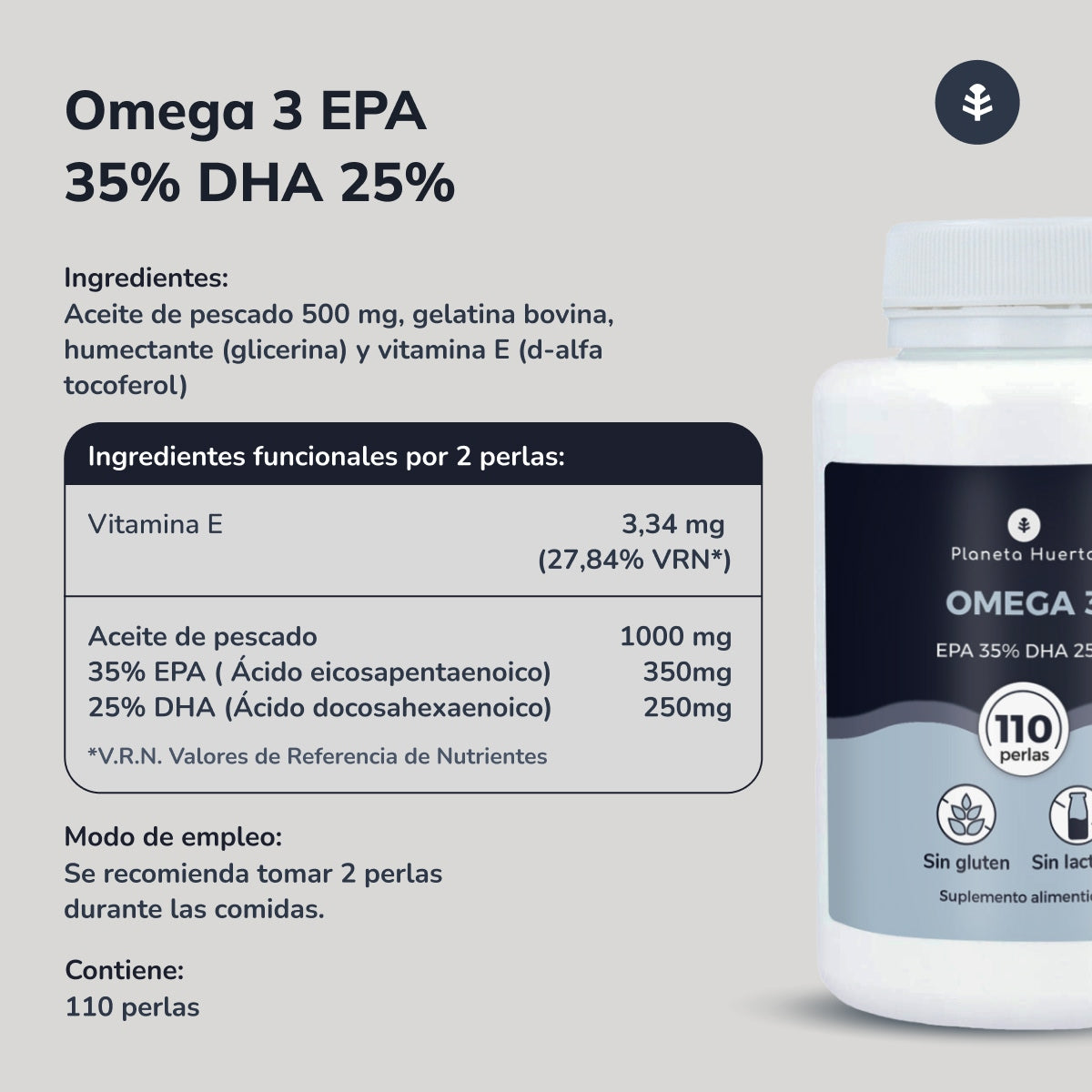 Omega 3 EPA 35% DHA 25% Planeta Huerto 110 Perlas