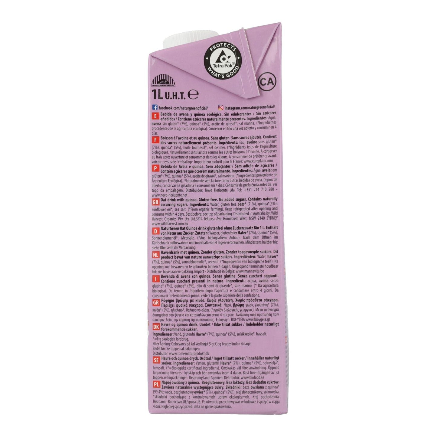 Pack 6 uds Bebida de Avena y Quinoa Bio Sin Gluten NaturGreen 1 L