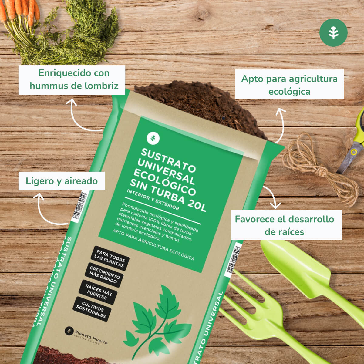 Sustrato Universal Sin Turba ECO Planeta Huerto 20 L - Fórmula mejorada