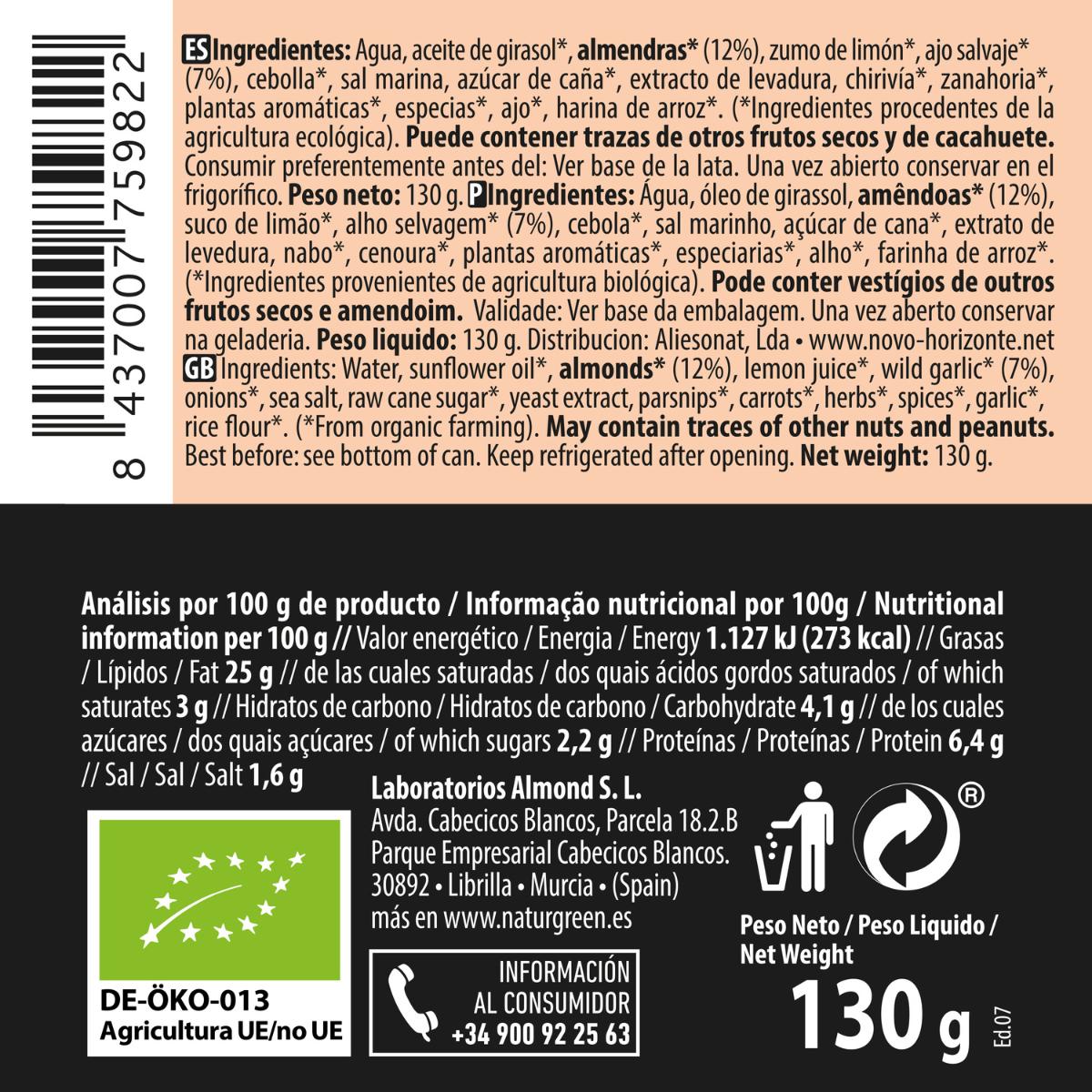 Crema de Paté de Almendra y Ajos Salvajes Naturgreen 130 g