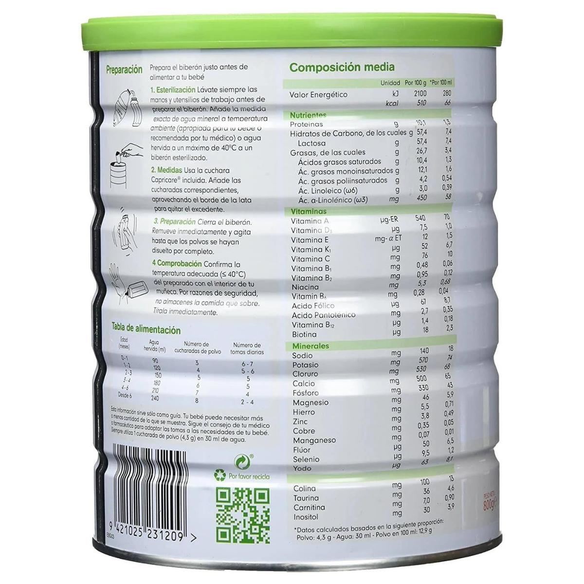 Leche de iniciación de cabra para lactantes 1 Capricare 800 g