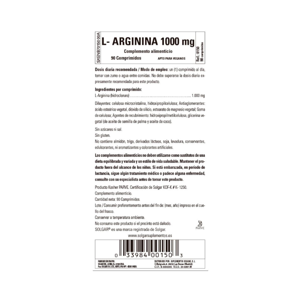 L-Arginina, 90 comprimidos de 1000mg