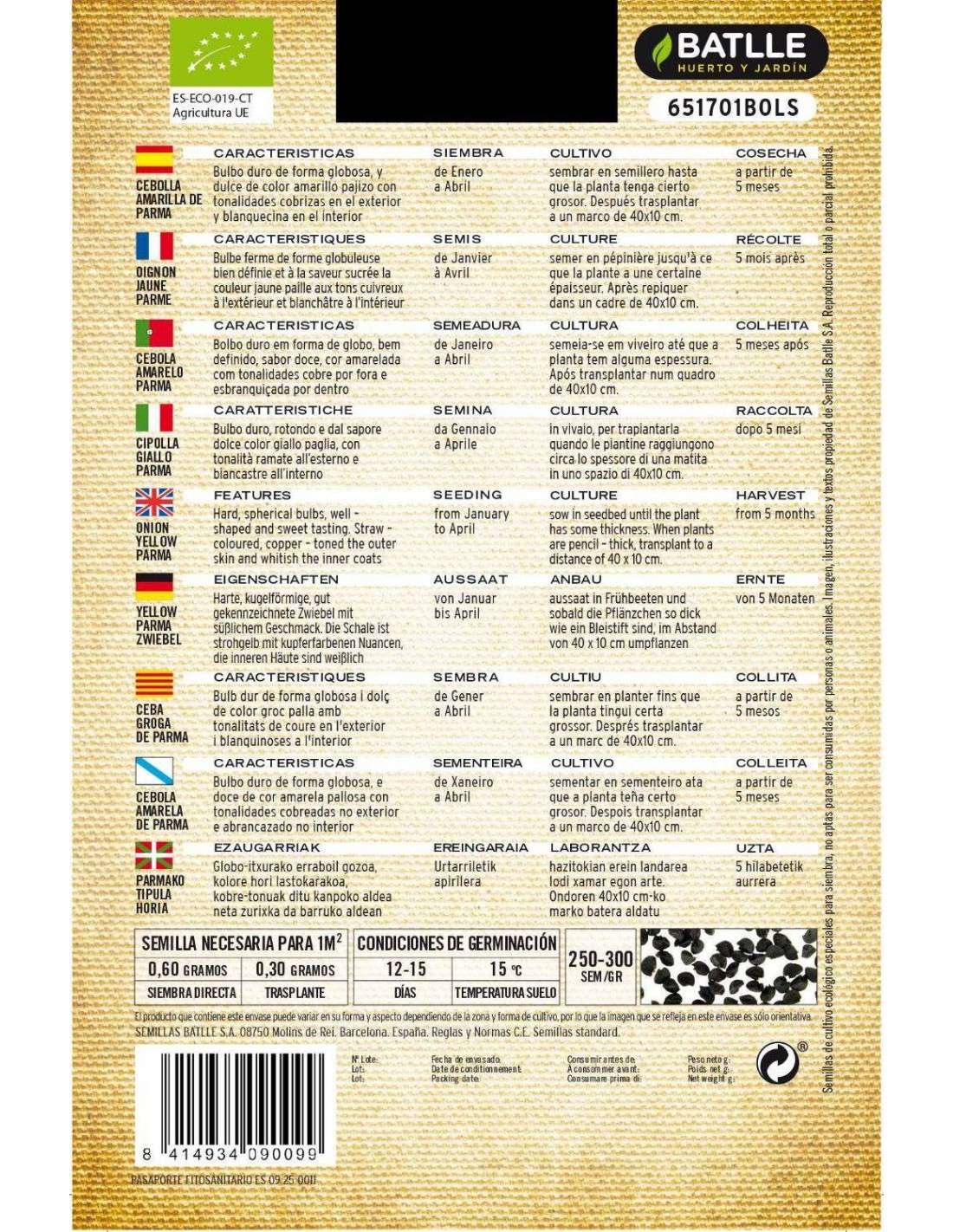 Semillas de Cebolla amarilla de Parma ecológicas Batlle