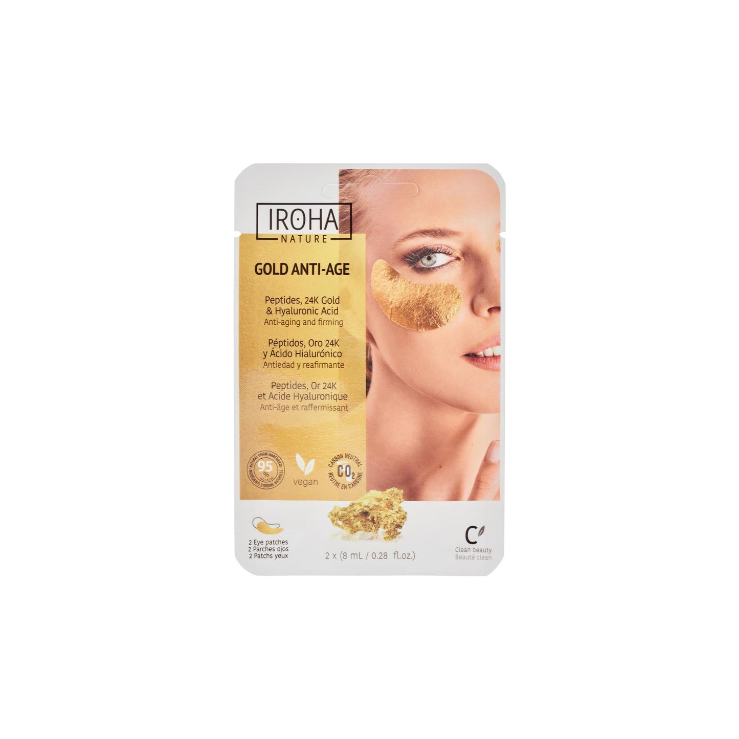 Parches de Ojos Foil AntiAge Péptidos, Oro 24K y Ácido Hialurónico Iroha Nature 2 x 8 ml