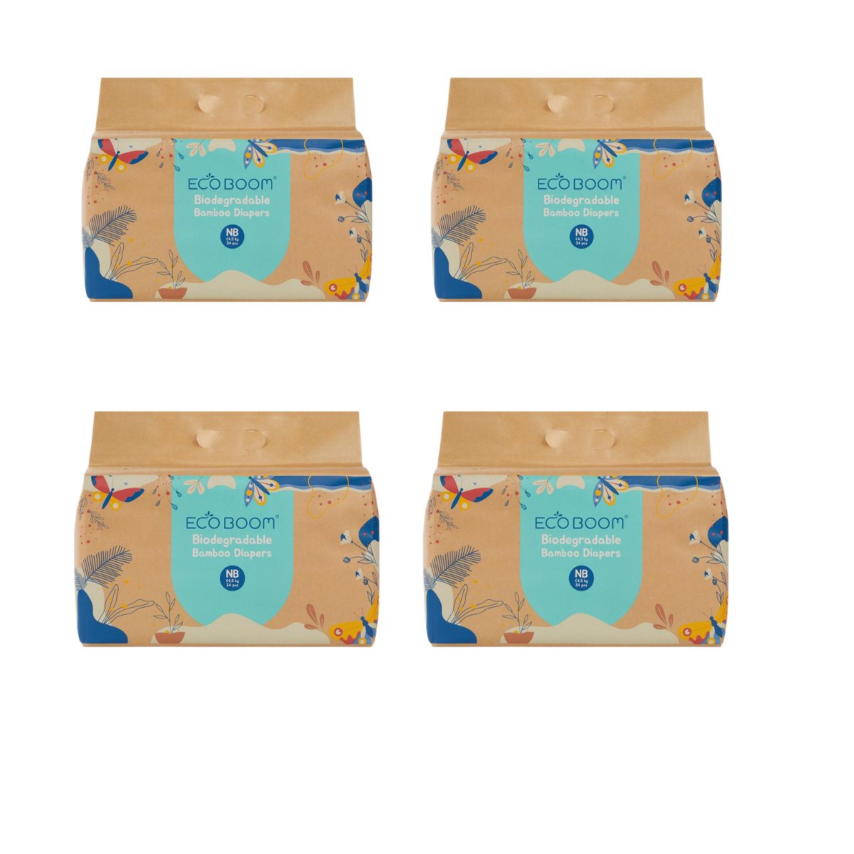 ECOBOOM - Pañal Ecológico de BAMBÚ Eco Boom. 70% Biodegradable, Hipoalergénico (TALLA 1/NB, < 3KG, PACK 4 BOLSAS, TOTAL 136 PAÑALES)