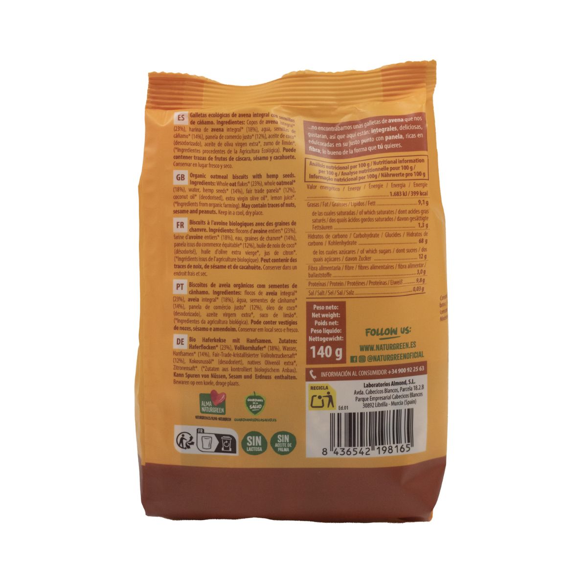 Galleta de Avena Integral con cáñamo Bio NaturGreen 140 g