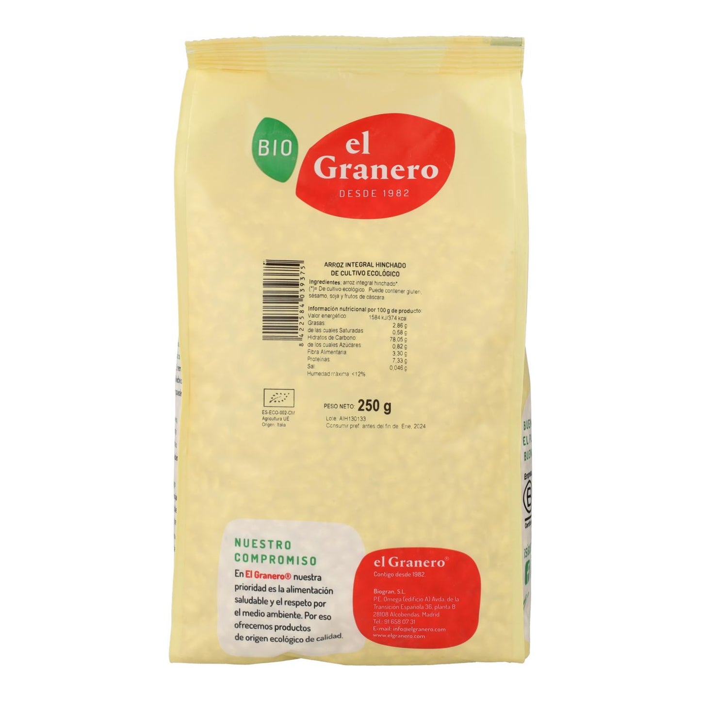 Arroz Integral Hinchado El Granero, 250 g