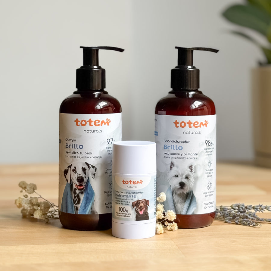Pack Hidratación para perros Stick nariz y almohadillas + Champú 250 ml + Acondicionador 250 ml Totem Naturals