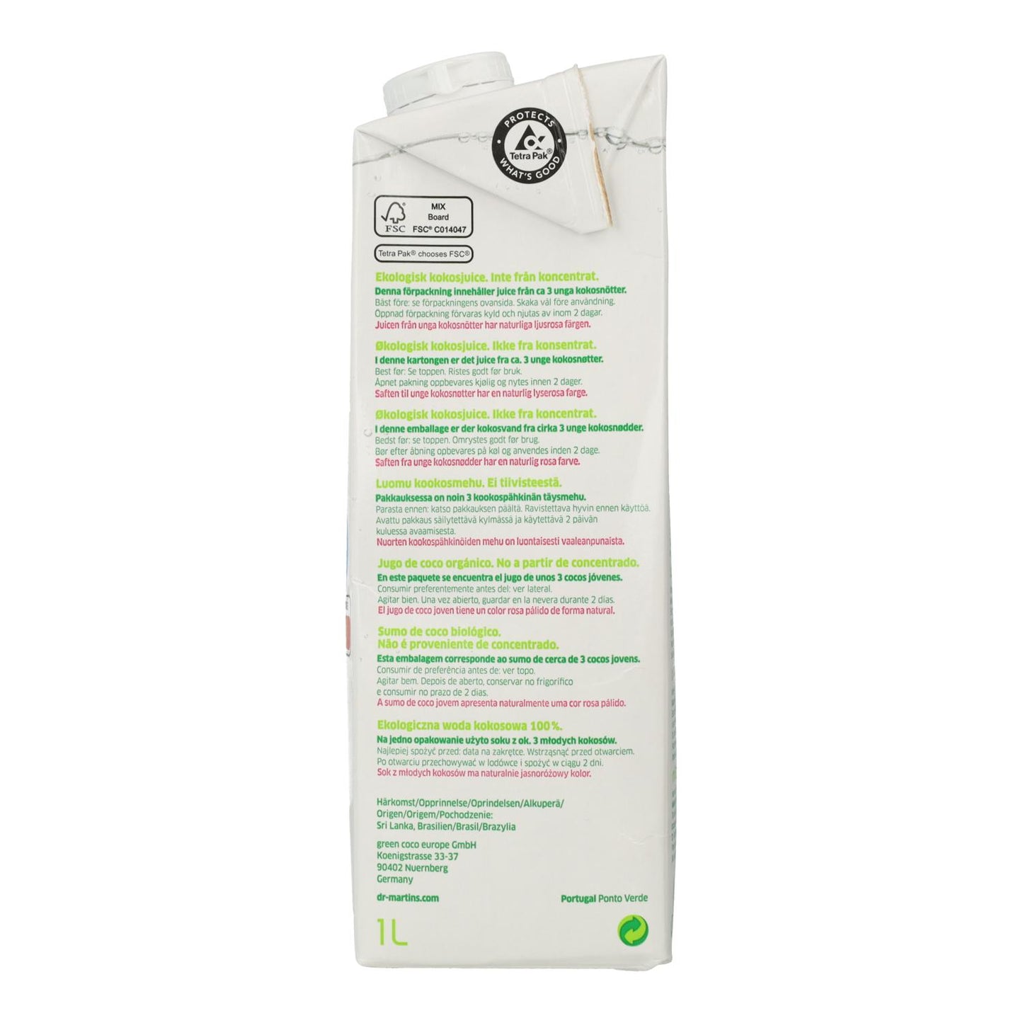 Pack 6x Agua de Coco Natural Dr. Martins 1 L