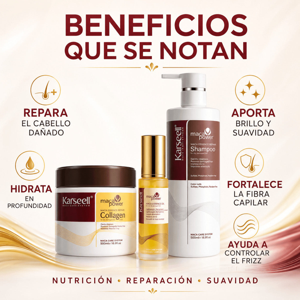 Set Mascarilla Colágeno + Aceite + Champú Maca Karseell 500ml + 50ml + 500ml