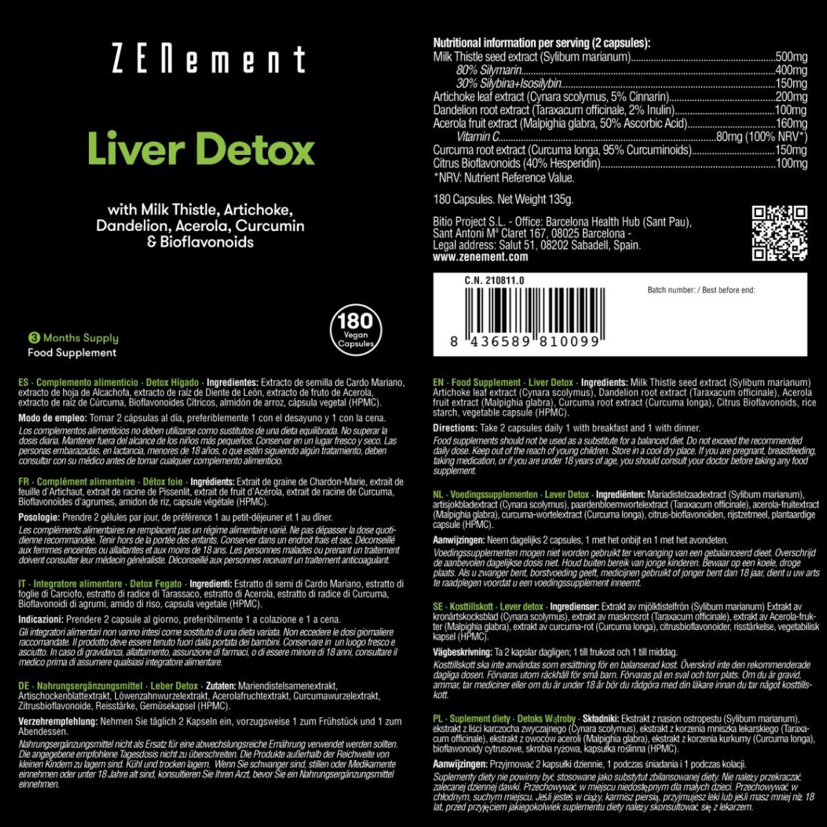 Detox Hígado con cardo mariano + alcachofa + diente de león + acerola + cúrcuma y bioflavonoides Zenement,  180 comprimidos