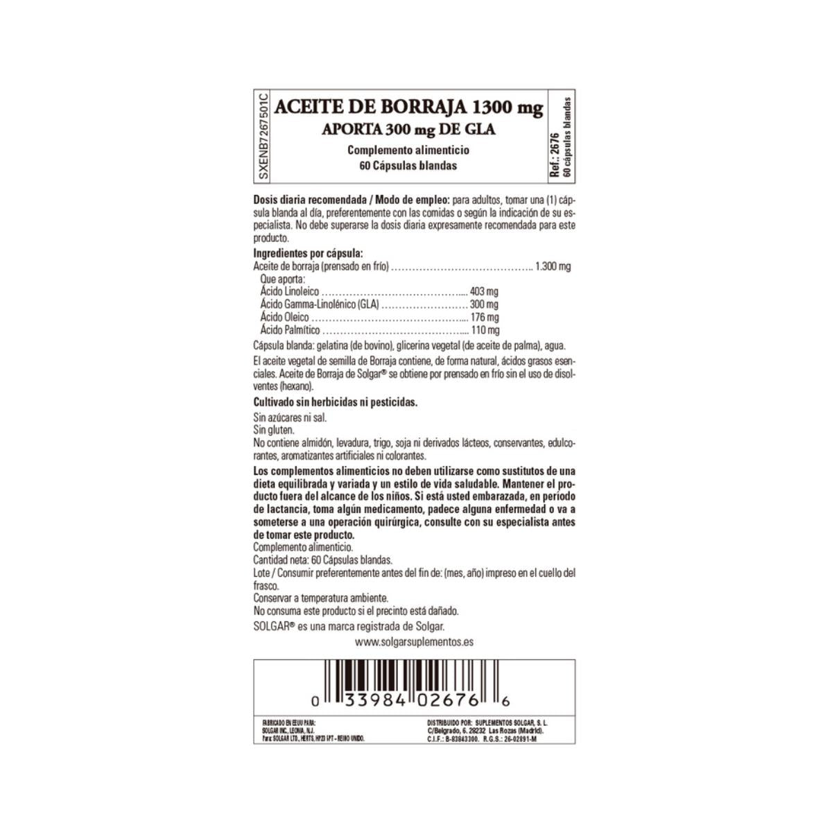 Aceite de Borraja, 60 cápsulas Solgar 1300mg