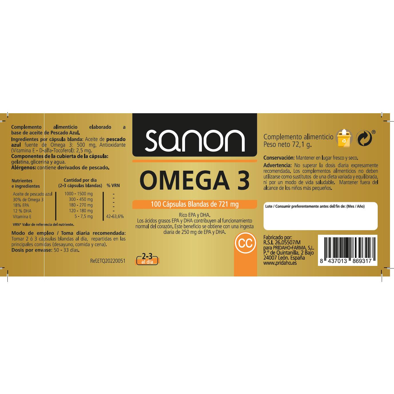 SANON Omega 3 100 cápsulas blandas de 721 mg