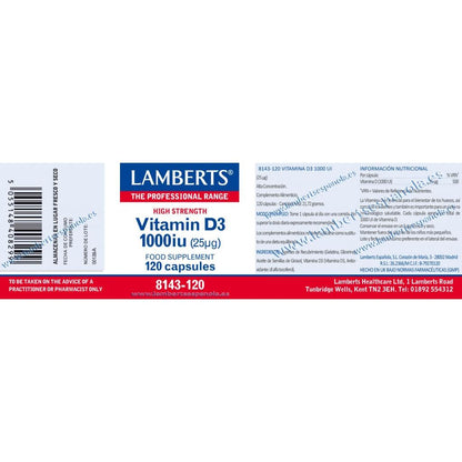 Vitamina D3 1000UI (25 µg) Lamberts, 120 cápsulas