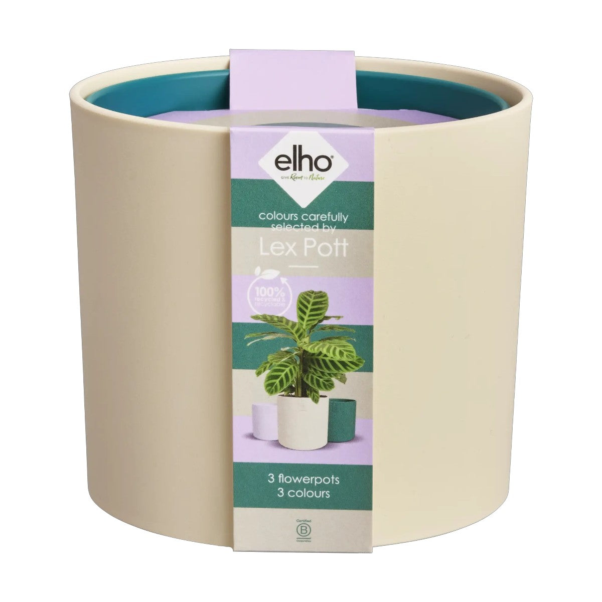 Lex Pott pack blanco, verde, violeta Elho 14cm 100% reciclado