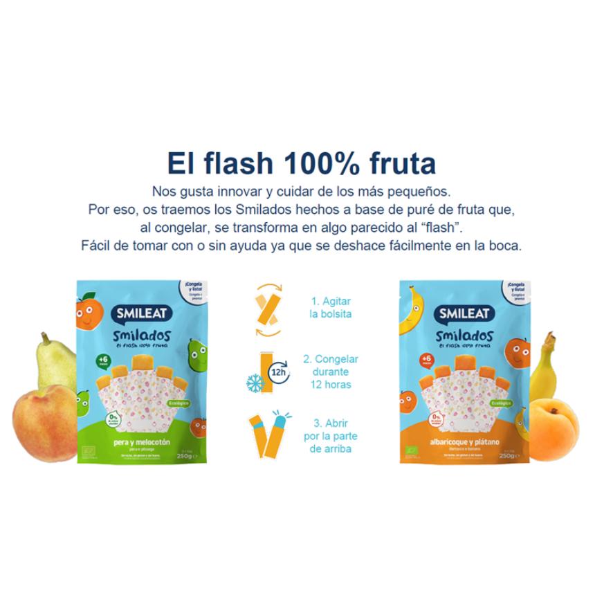 SMILADO pera y melocotón ecológico, helado flash infantil 100% fruta SMILEAT