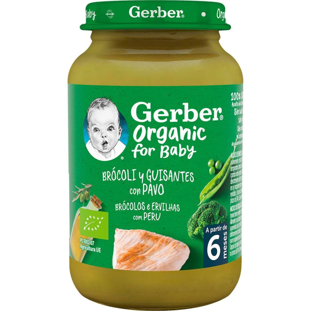 Tarrito de puré ecológico para bebés con Brócoli, Guisantes y Pavo Gerber 190 g