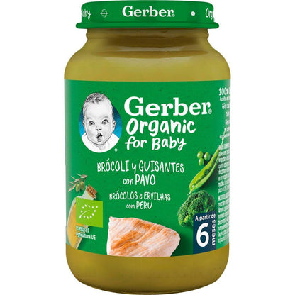 Tarrito de puré ecológico para bebés con Brócoli, Guisantes y Pavo Gerber 190 g