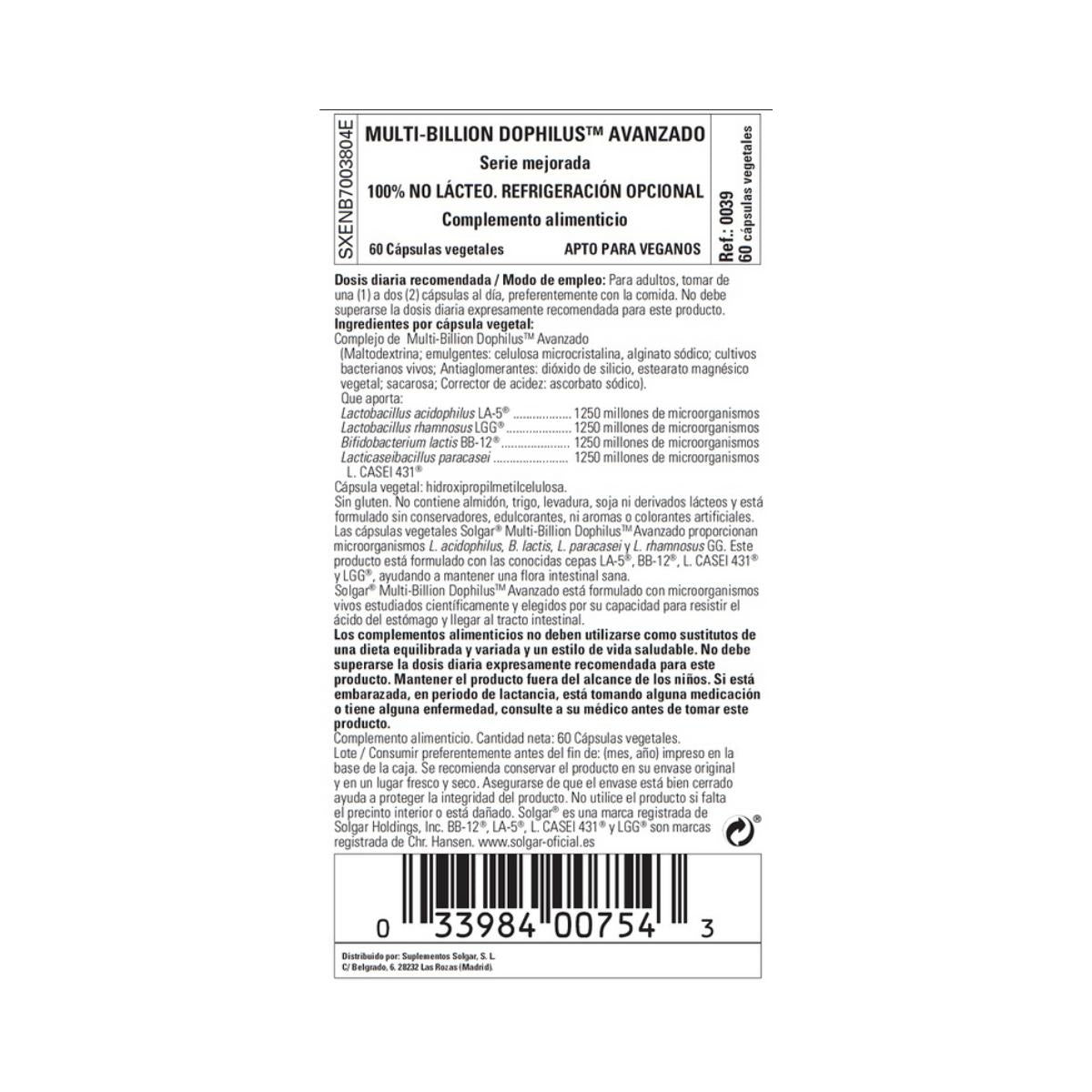 Multi-Billion Dophilus Avanzado, 60 cap. vegetales. Solgar