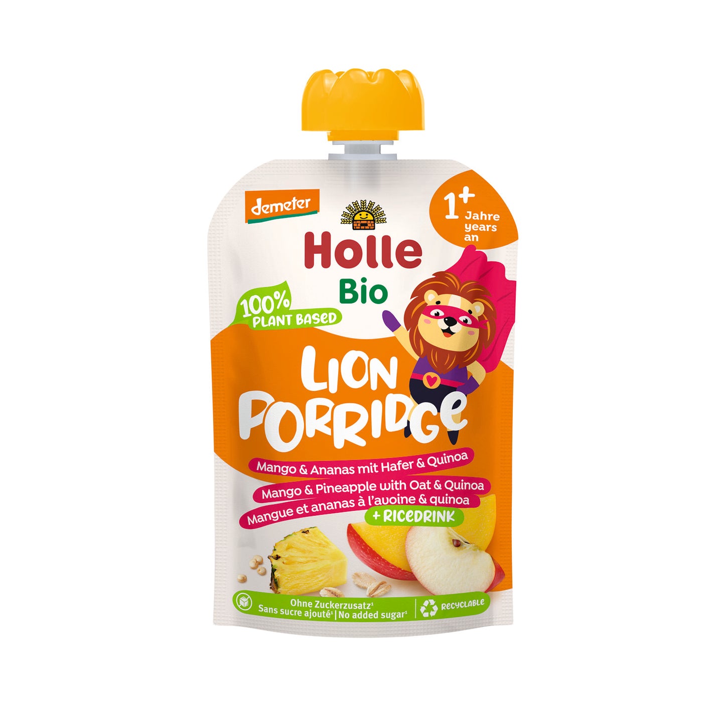 Pouch Lion Porridge con Mango, Piña, Avena y Quinoa Demeter a partir 12 meses Holle 110g