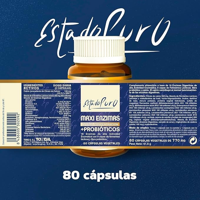 Maxi Enzimas con Probióticos, Tongil, 80 cápsulas vegetales