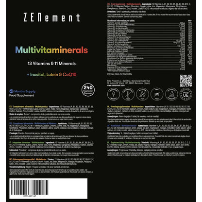 Multivitamínico, con todas las vitaminas y minerales + inositol, coenzima Q10 y luteína Zenement, 240 Comprimidos