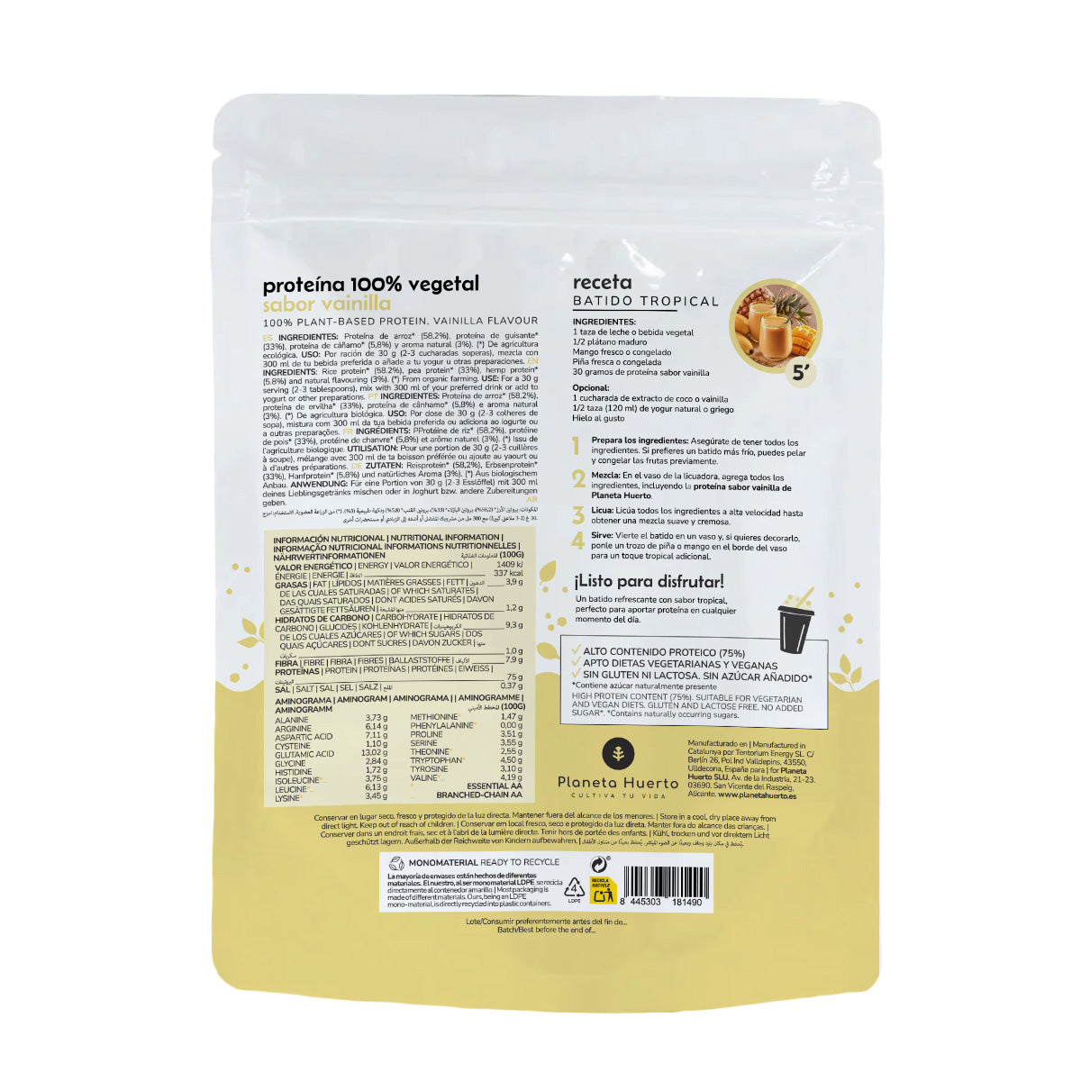 Proteína vegetal Eco 75% vainilla Planeta Huerto 500 g