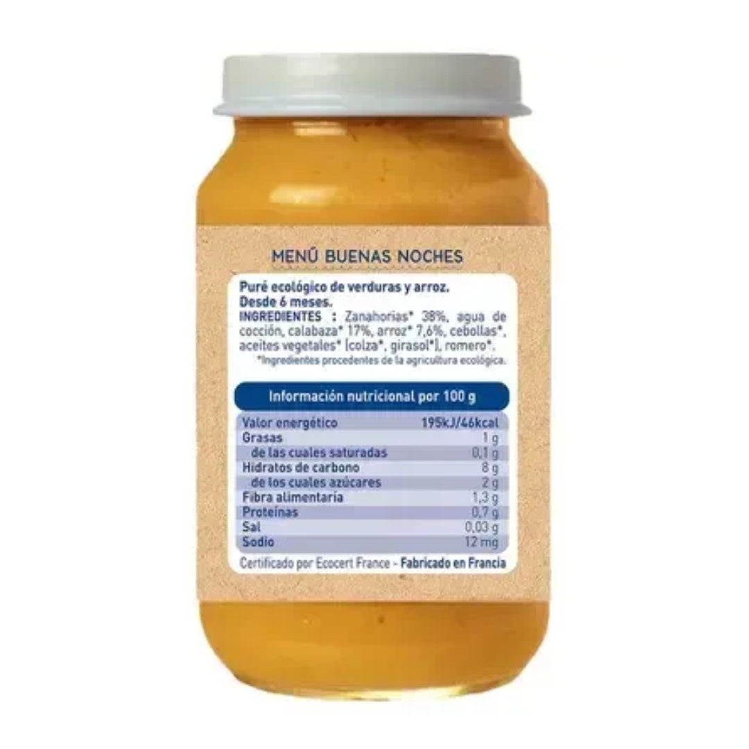 Tarrito Buenas Noches Zanahoria, Calabaza  y Arroz, Babybio 200 g