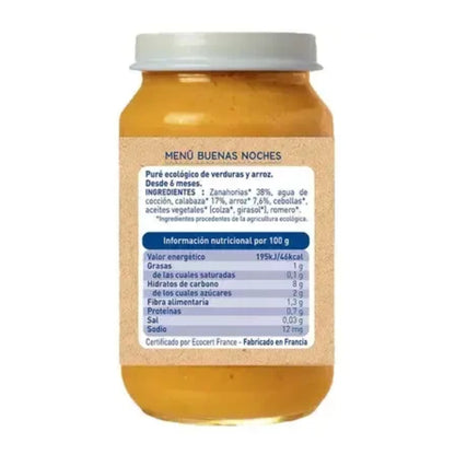 Tarrito Buenas Noches Zanahoria, Calabaza  y Arroz, Babybio 200 g