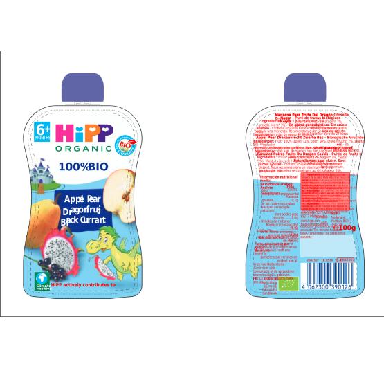 Pouch Manzana, Pera, Fruta de dragón y Grosella Bio +6 meses HiPP 100 g