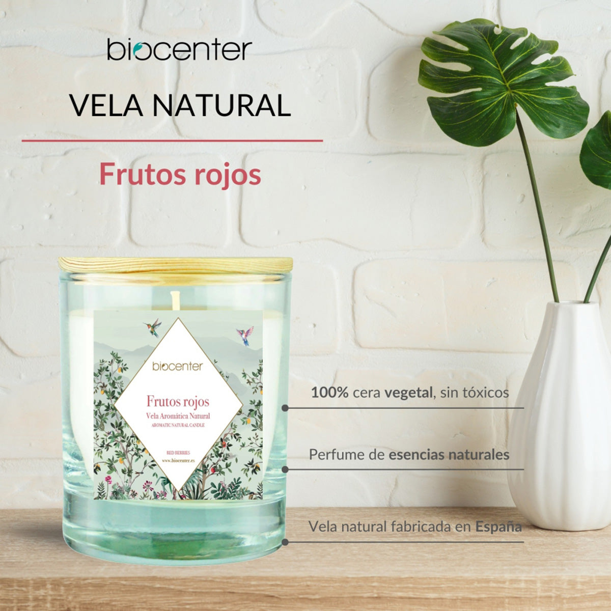 Vela natural Frutos rojos - cera vegetal y aceites esenciales, Biocenter, 200 gr
