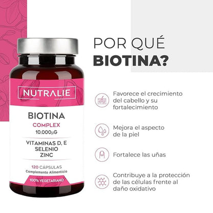Pack 2x Nutralie Biotina complex 10000 mcg pelo, piel, uñas, 120 cápsulas