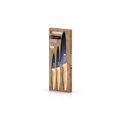 Batería de Cocina de 10 Piezas, 3 cacerolas con tapa + 1 sartén + 3 cuchillos , Fabricada en Aluminio Prensado, BERGNER Earth compatible con Todo Tipo