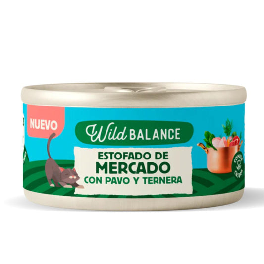 Lata completa Estofado de Mercado con Pavo y Ternera para Gatos Wild Balance 80gr