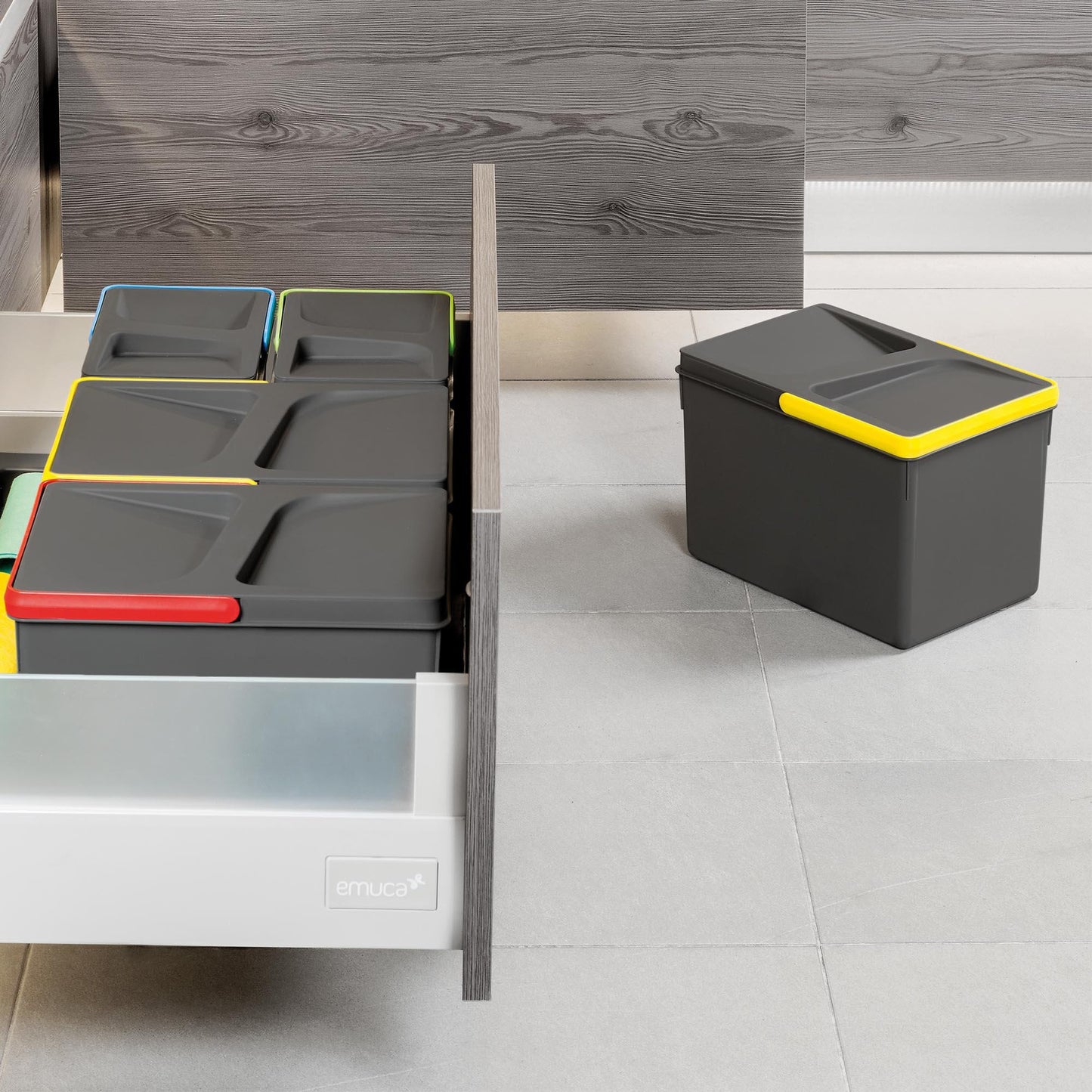 Contenedores para cajón de cocina Recycle, Altura 216, 2x12, Plástico gris antracita Emuca