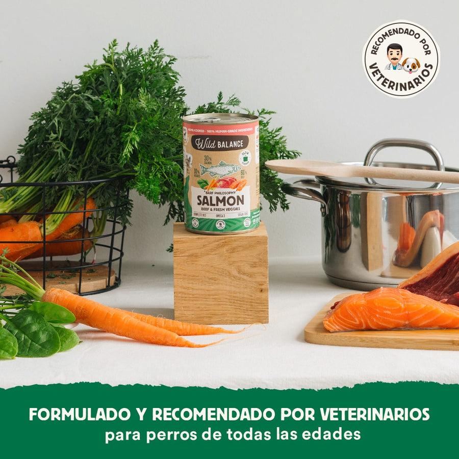 Pack 6x Salmón y Ternera barf para perros 400 g + Regalo: Tapa reutilizable para latas, Wild Balance