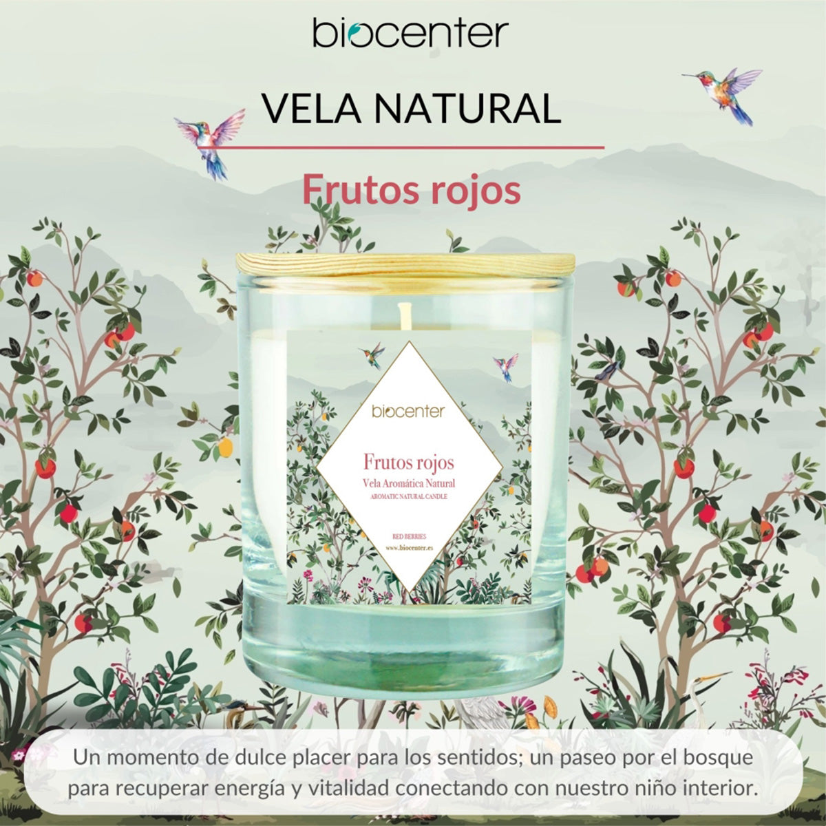 Vela natural Frutos rojos - cera vegetal y aceites esenciales, Biocenter, 200 gr
