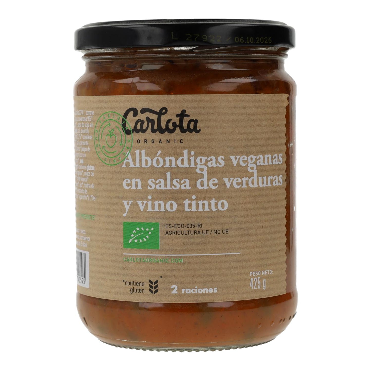 Albóndigas veganas en salsa de verduras y vino tinto Carlota Organic 425g