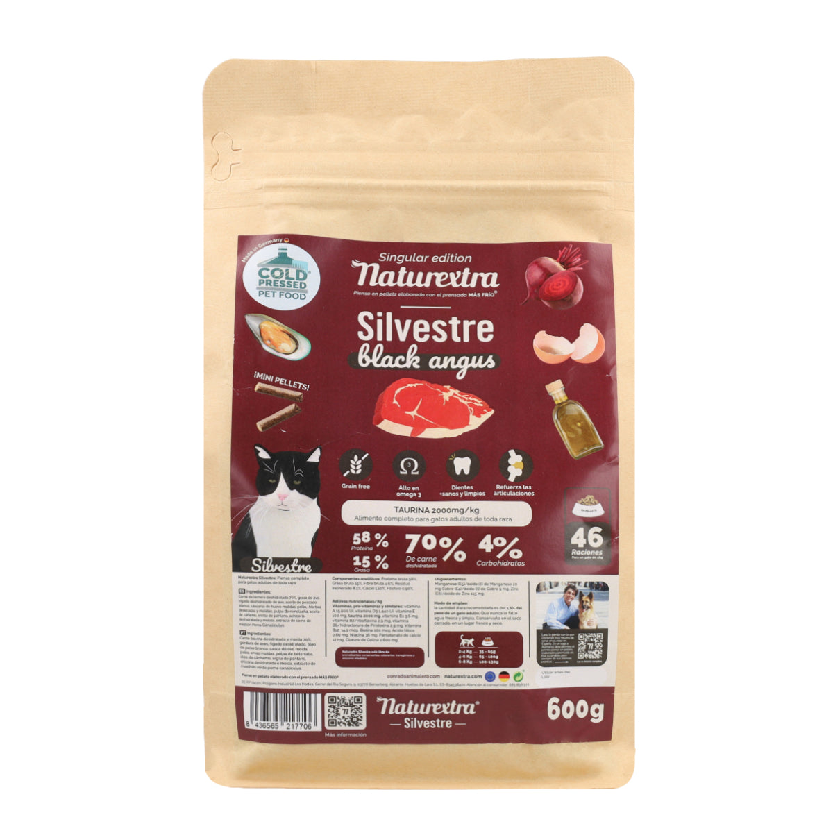 Pienso prensado en frío en Pellets Silvestre para gatos con ternera 600 g NaturExtra