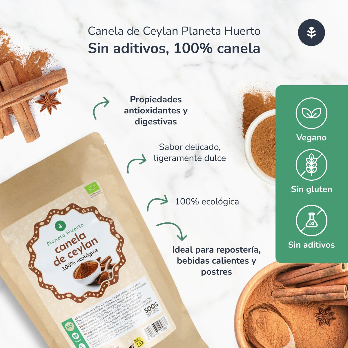Canela de Ceylan en polvo ECO Planeta Huerto 500 g