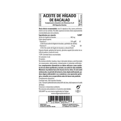 Aceite de Higado de Bacalao Solgar 100 cápsulas