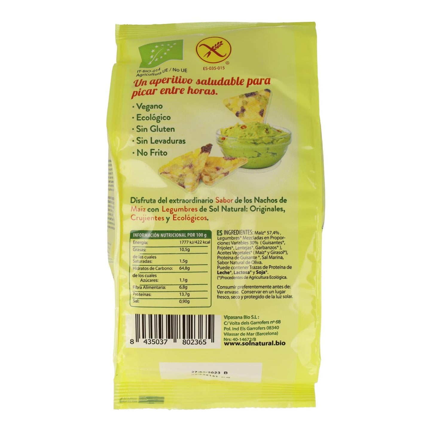 Nachos de legumbres bio sin gluten Sol Natural 80 g