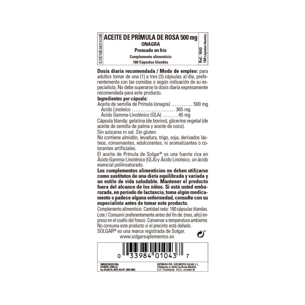Aceite de Prímula de Rosa, 180 Perlas (500Mg)