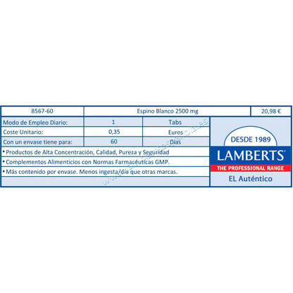 Espino Blanco 2.500 mg Lamberts, 60 tabletas