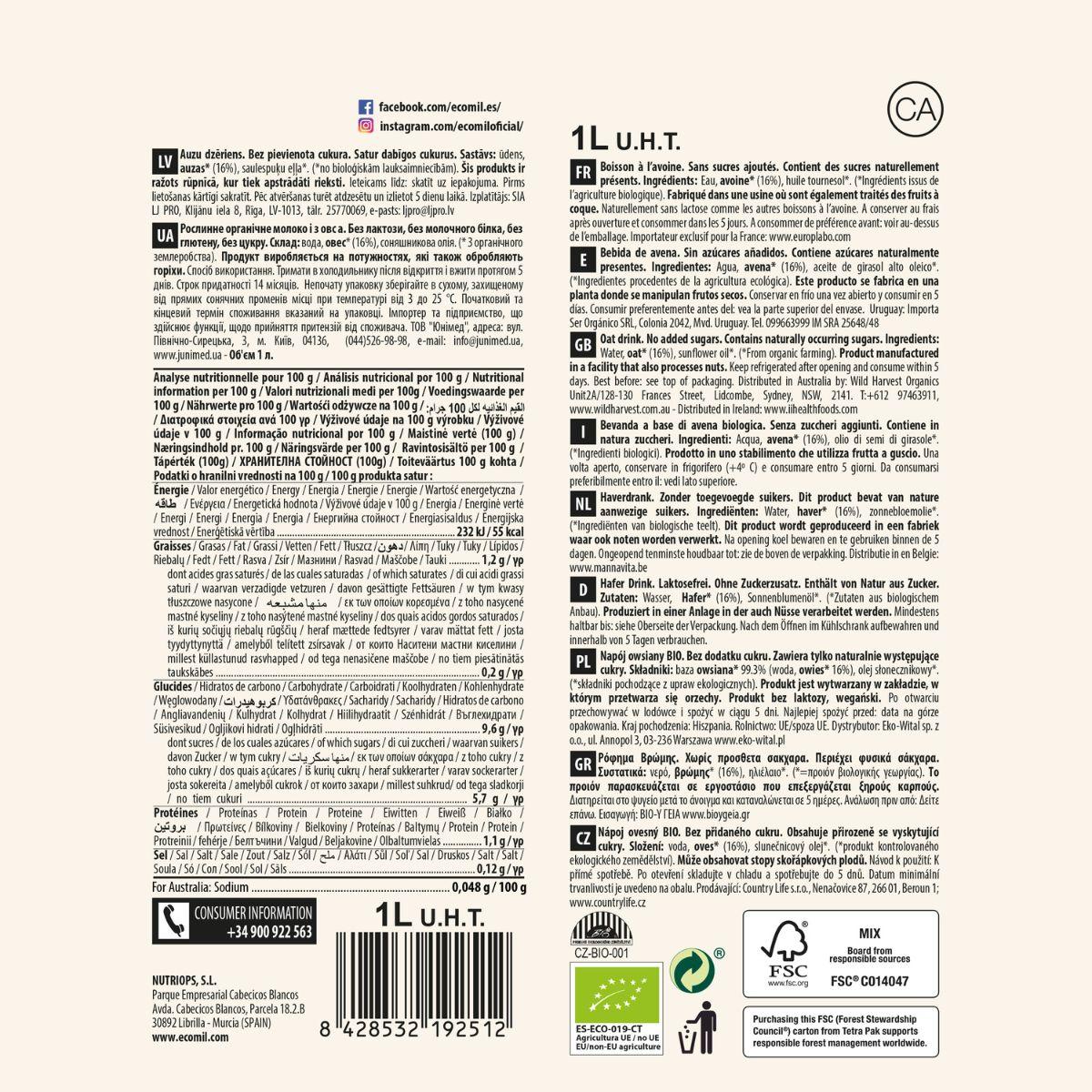 Bebida Vegetal de Avena Bio Sin azúcares añadidos Ecomil 1 L