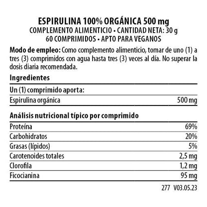 100% Espirulina Orgánica 500 mg 60 cápsulas