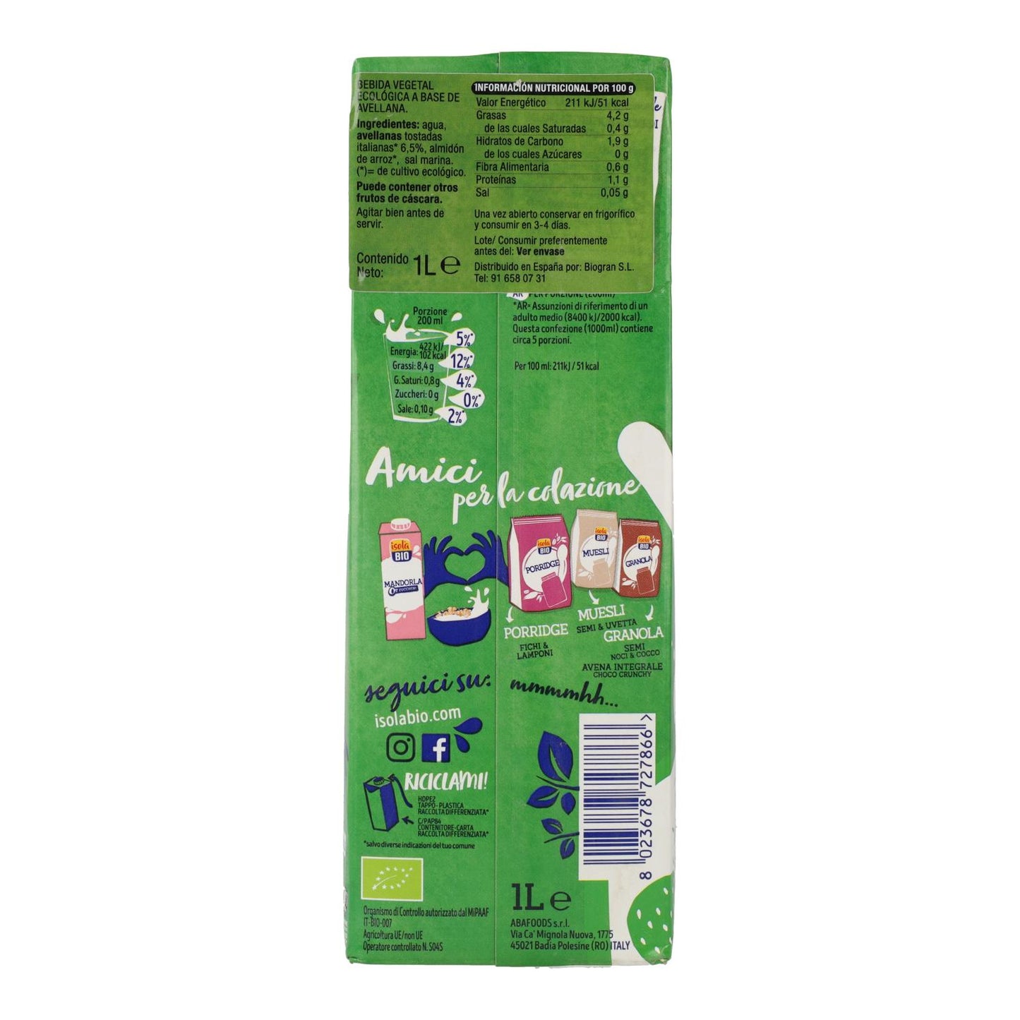 Pack 6 x Bebida de Avellana BIO Isola Bio 1 L